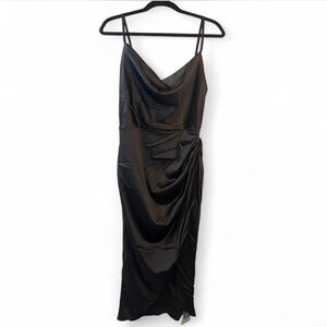 Strapless Black Satin Cowl Midi Dress